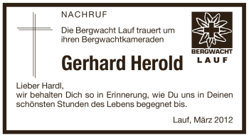 Traueranzeige von Gerhard Herold von Pegnitz-Zeitung